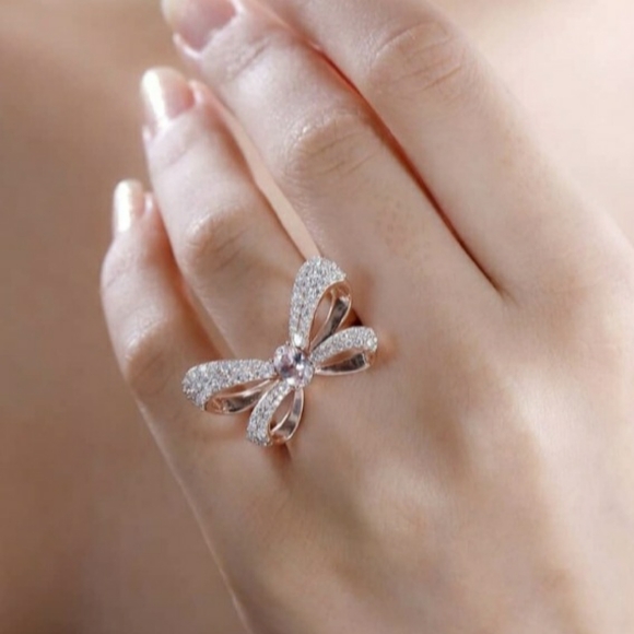 AAA Natural Pink Morganite & Pave Set Moissanite Bow Ring in 18k Rose Gold over - Picture 9 of 10